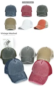 Detalle de gorras trucker de algodón lavado vintage con acabados desgastados en varios colores