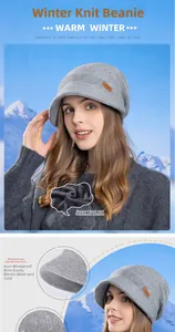 Detail of warm grey knit beanie with windproof brim and thick fleece lining for winter
