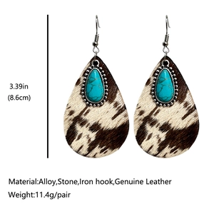 Western cow print genuine leather teardrop earrings with turquoise and dimensions