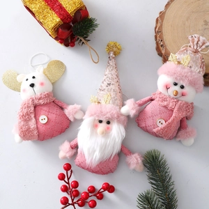 Pink Christmas plush ornaments set with Santa, snowman and bear figurines in glittery hats