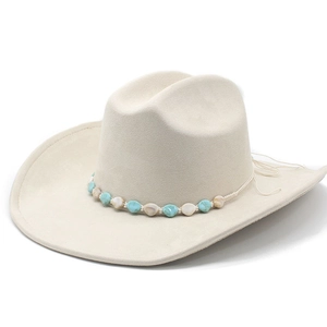 Beige western cowboy hat with ethnic beaded band and wide brim in high-quality felt material