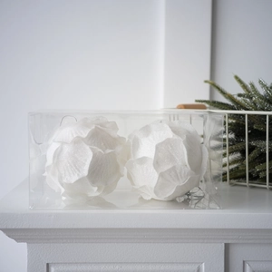 Close-up of white glittery rose petal Christmas ball ornaments in clear box packaging