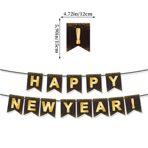 Tableau des tailles détaillé pour la bannière Happy New Year noir et or, drapeaux 12x15 cm