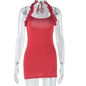 Detail of red halter neck dress with ruffled neckline on high-stretch bodycon fabric