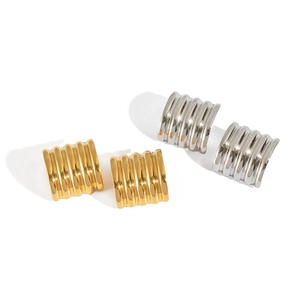 Modern ribbed striped metal stud earrings in polished gold and silver finishes