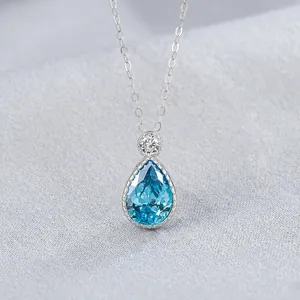 925 Sterling Silver Mermaid Tears Waterdrop Pendant Necklace Elegant Blue Purple Red Rhinestone Jewelry Gift For Women