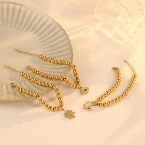 Gold Titanium Steel Bead Bracelet For Women With Zirconia Maple Leaf Unicorn Moon Star Key Pendant Fashion Jewelry Gift