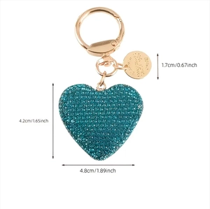 Rose gold heart keychain with teal crystals and engraved tag, dimensions 4.8x4.2 cm