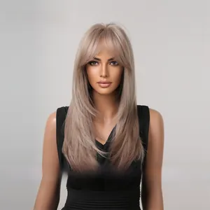 Detailed view of long ombre ash grey synthetic wig with curtain bangs on model