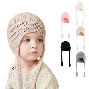 Baby Knitted Hat With Ear Flaps And Braids Warm Winter Beanie Solid Color For Newborn Toddlers