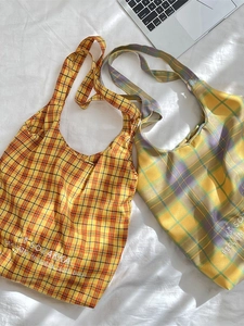 Large capacity embroidered checkered canvas tote bags for lightweight daily commuting