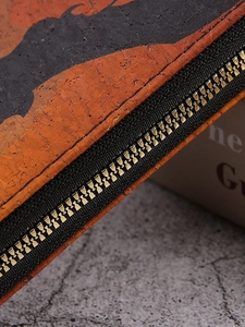 Cork texture long wallet with Halloween pattern and high-quality gold metal zipper