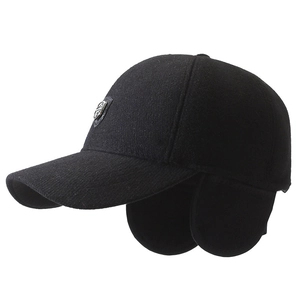 Men's black winter baseball cap with ear flaps and silver shield logo for cold protection