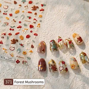 5D embossed forest mushroom nail art stickers with autumn squirrels and leaf designs