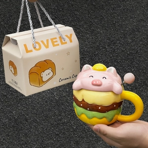 Creative ceramic burger mug with cute pig lid and gift box set for girls and friends