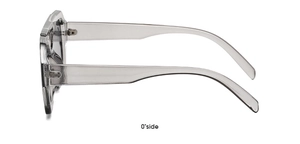 Side view of trendy transparent grey sunglasses with double bridge irregular frames