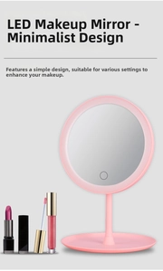 Detailed close-up of a pink LED makeup mirror with round tray base and touch sensor
