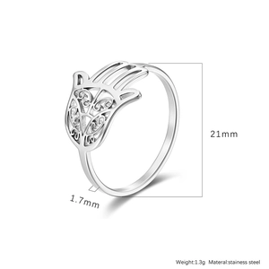 Detailed dimensions of silver stainless steel hollow Hamsa hand ring with 1.3g weight