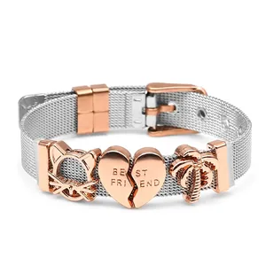 Detail of 10mm mesh steel bracelet featuring rose gold charms and adjustable watch buckle