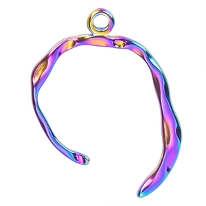 Detailed close-up of an irregular fluid-shaped stainless steel pendant with rainbow gradient finish