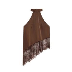 Haut licou marron foncé avec corsage en satin et ourlet asymétrique en dentelle pour femme