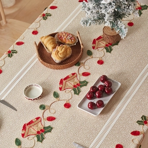 Detail of Christmas tablecloth showing bell embroidery and polyester lace textures