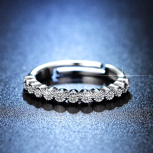 Macro shot of silver adjustable eternity ring featuring a row of round-cut sparkling stones