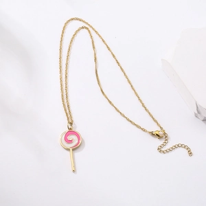 18K gold-plated necklace with a sweet pink swirl lollipop pendant on white stone
