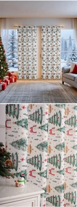 Close-up of Christmas curtains showing fabric texture with festive tree and gift prints