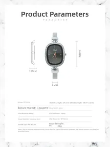 Detailed specifications for women's oval rhinestone watch with mesh steel strap.