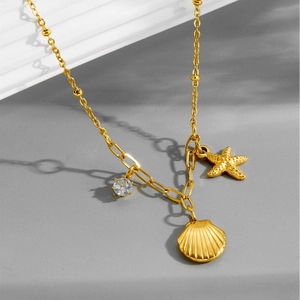 Stainless Steel Shell Starfish Rhinestone Pendant Necklace Gold Plated Titanium Steel Ocean Theme Jewelry For Women