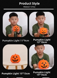 Comparison of four different sizes of glowing orange Halloween pumpkin lanterns