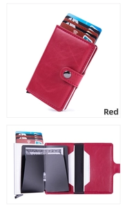 Detail of red crazy horse PU leather wallet with pop-up aluminum card holder and cash slot