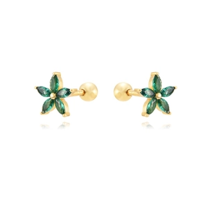 Detail of 24K gold flower stud earrings featuring emerald green marquise cut crystals