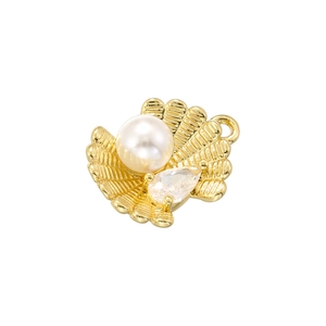 Golden shell ocean pendant with white pearl and drop-shaped crystal on white background