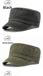 Detail view of washed cotton military caps with metal eyelets in black and army green