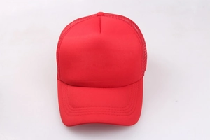 Top view of red trucker hat with breathable mesh back and precision brim stitching