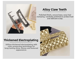 Detail of gunmetal and gold hair claw clips with diamond texture and thick electroplating