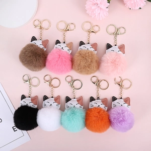 Cute faux rabbit fur cat ball keychains in multiple vibrant colors for bag decor