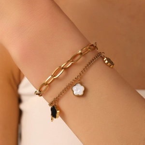 Bracciale Doppio Strato In Acciaio Inossidabile Con Ciondoli A Fiore A Cinque Petali Neri Bianchi E Cavi Gioielli Eleganti