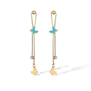 Elegant 18K gold plated titanium earrings with blue enamel butterflies and tassels