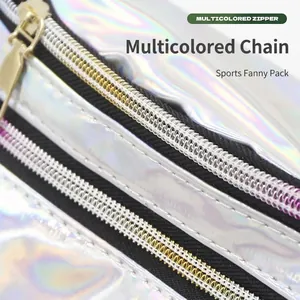Holographic waterproof sports waist bag with colorful zipper and iridescent surface