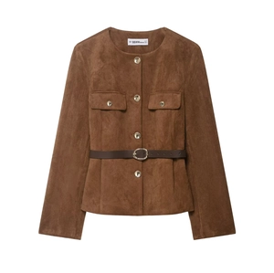 Blazer marron en faux daim pour femme avec ceinture à la taille et boutons dorés