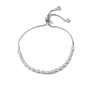 Detail of silver adjustable box chain bracelet with marquise-cut marquise-cut cubic zirconia
