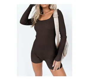 Detail view of dark brown ribbed knit yoga bodysuit featuring high-stretch fabric and texture