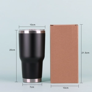 Detailed dimensions of 30oz black insulated tumbler and its brown corrugated packaging box