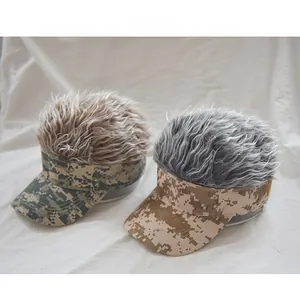 Detailed view of camouflage novelty sun hats with realistic faux hair and pixel patterns