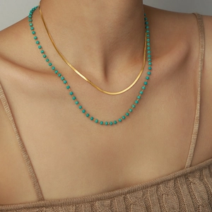 Double-layered turquoise bead and flat snake chain necklace set for women in gold
