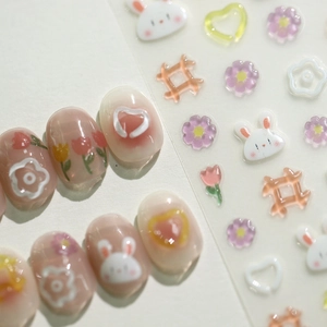 3D embossed nail art stickers with cute rabbits tulips and pastel plaid patterns