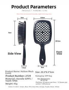 Detailed specs of hollow grid hair brush with GPPS handle and TPEE bristles for styling